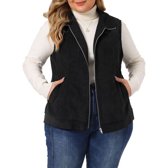 Plus Size Sleeveless Vests Casual Zipper Side Pocket Corduroy Vests Black - Picture 1 of 6